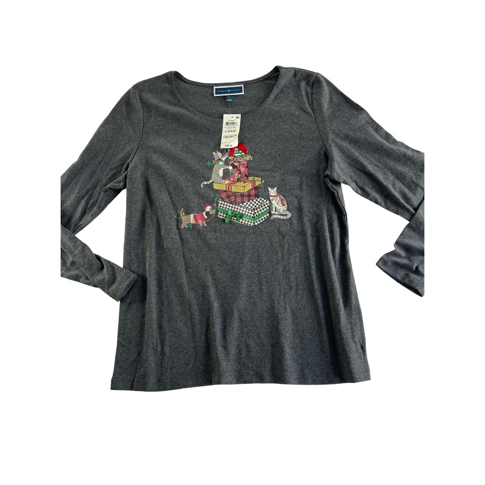 Karen Scott Whimsy‎ Christmas Cats Dog Presents Graphic Tee Gray Large New